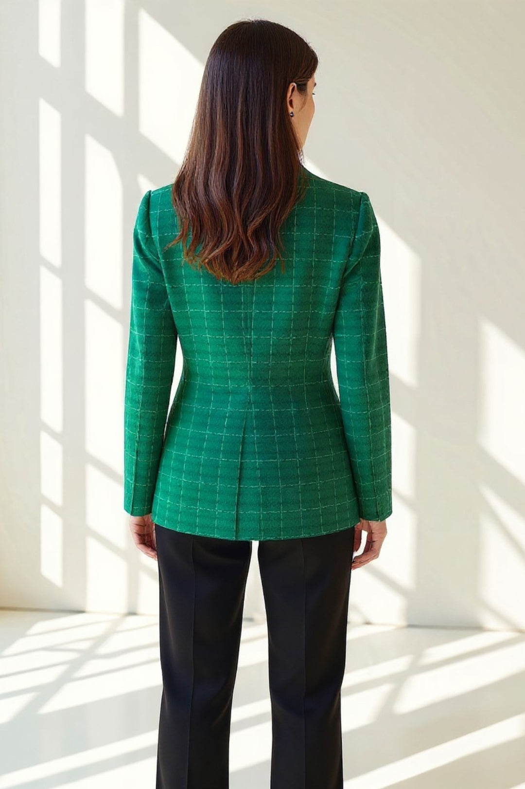 Blazer Femme | Structurée et Élégante | Vert à Carreaux Blancs