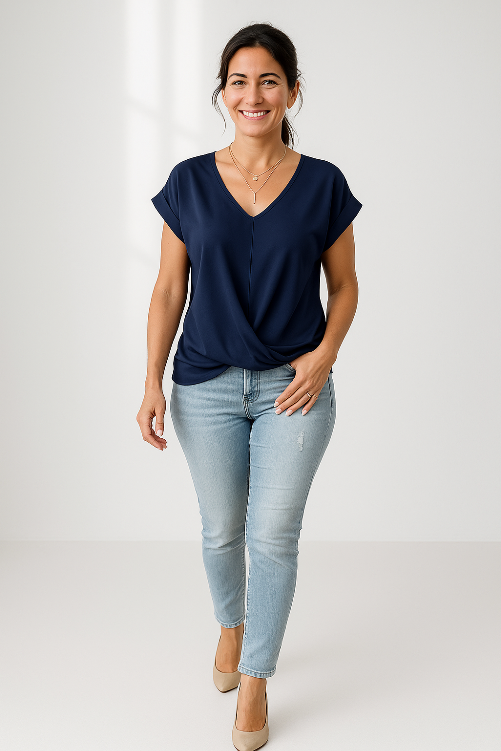 Blouse Femme Décontractée | Col V Croisé | Manches Repliées