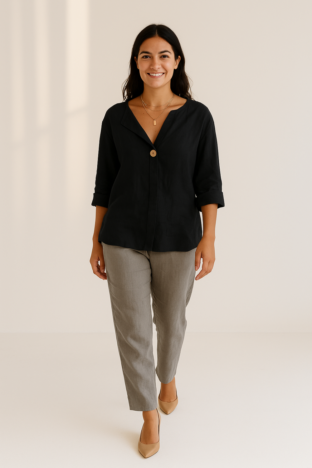 Blouse Femme d’Été | Lin & Coton Naturel | Bouton Contrasté