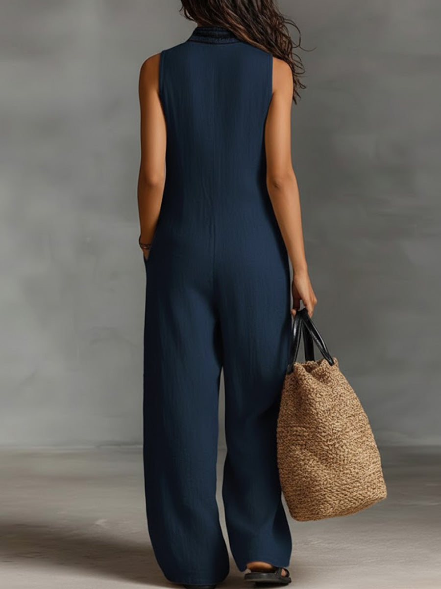 Chloé - Combinaison en Lin Bohème Femme sans Manches avec Col en V Brodé et Jambes Amples