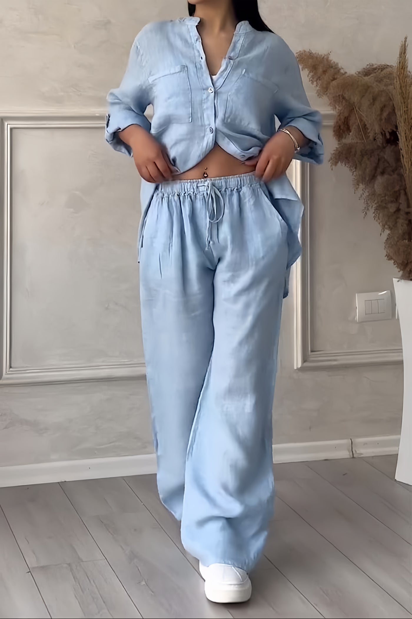 Juliette - Ensemble en Lin Femme Tendance avec Crop Top Boutonné et Pantalon Large