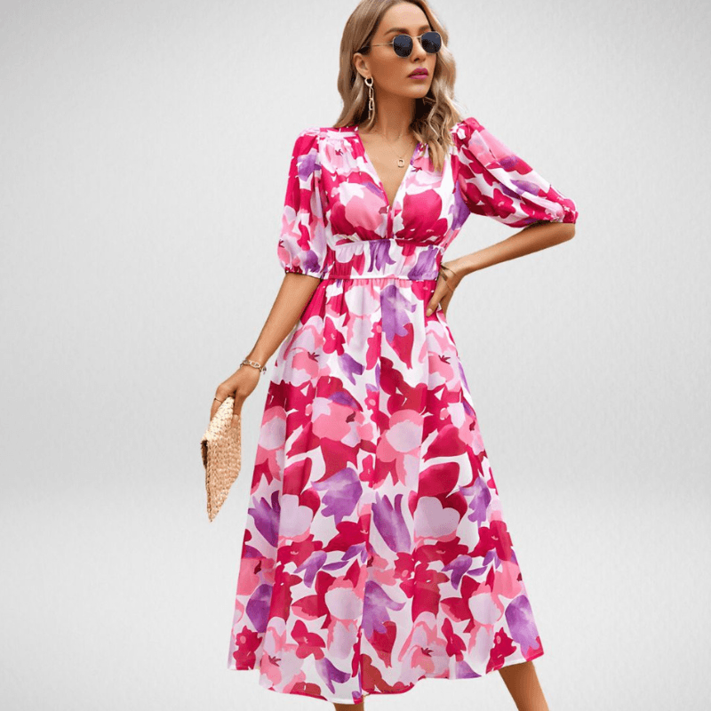Clara - Robe Invitée Mariage Femme Chic Midi à Col V et Manches Bouffantes