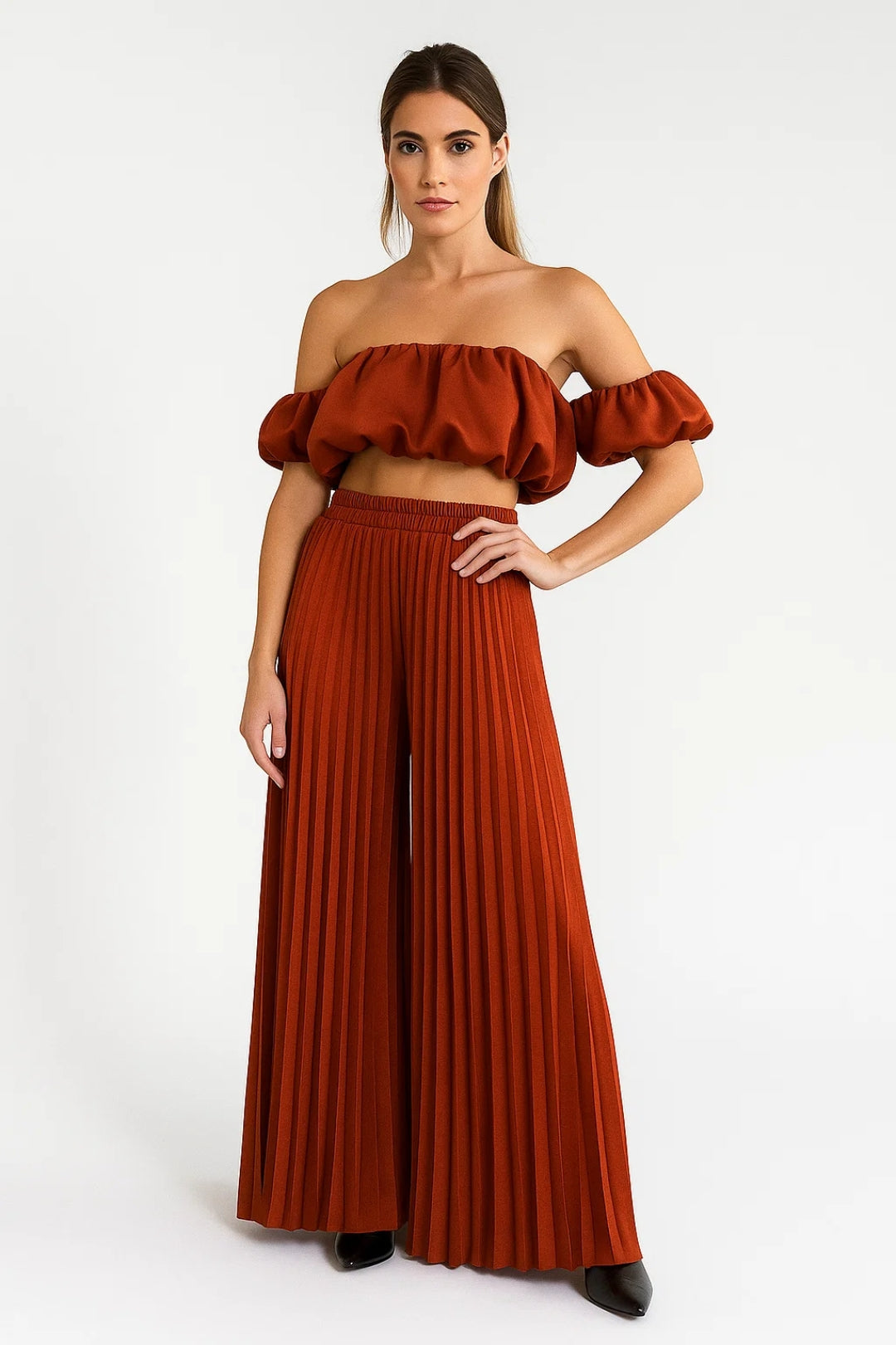 Ensemble Plissé Deux Pièces | Haut Bardot Volanté et Pantalon Large | Style Estival Fluide