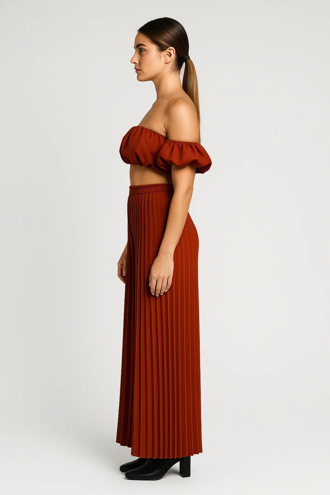 Ensemble Plissé Deux Pièces | Haut Bardot Volanté et Pantalon Large | Style Estival Fluide