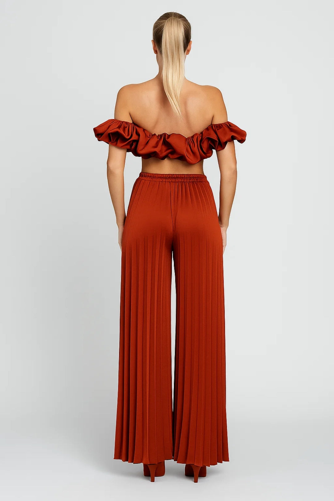 Ensemble Plissé Deux Pièces | Haut Bardot Volanté et Pantalon Large | Style Estival Fluide