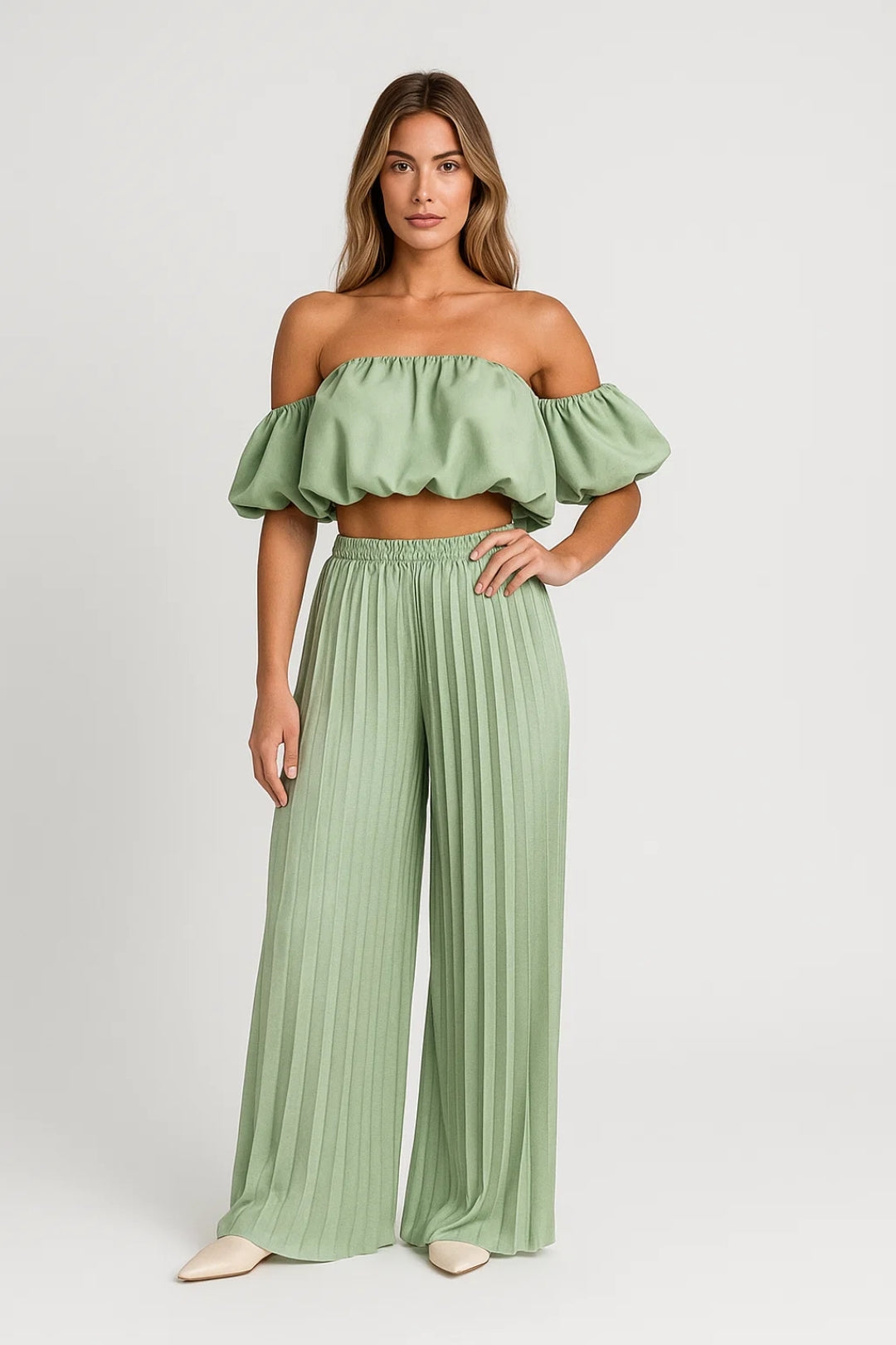 Ensemble Plissé Deux Pièces | Haut Bardot Volanté et Pantalon Large | Style Estival Fluide