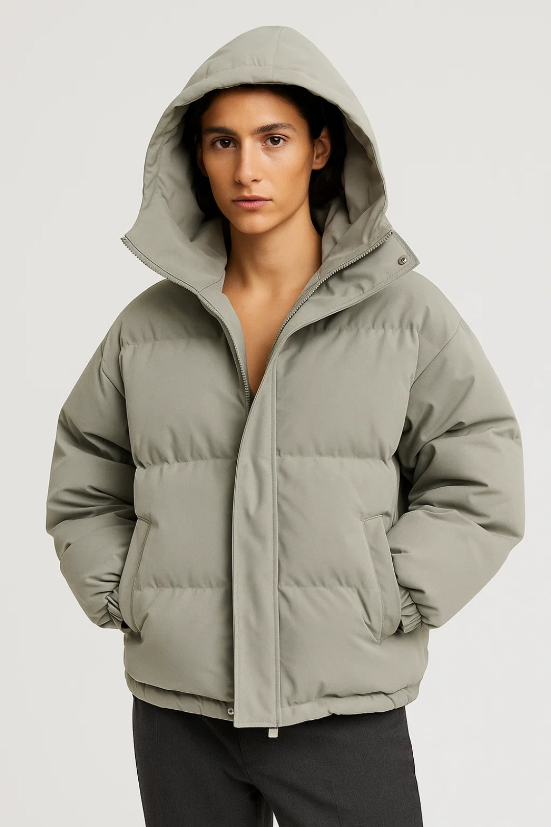 Doudoune matelassée avec capuche | Disponible en vert sauge et rose poudré