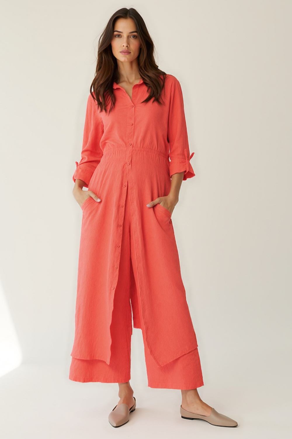 Ensemble 2 Pièces Femme | Chemise Longue Boutonnée | Pantalon Taille Haute Fluide
