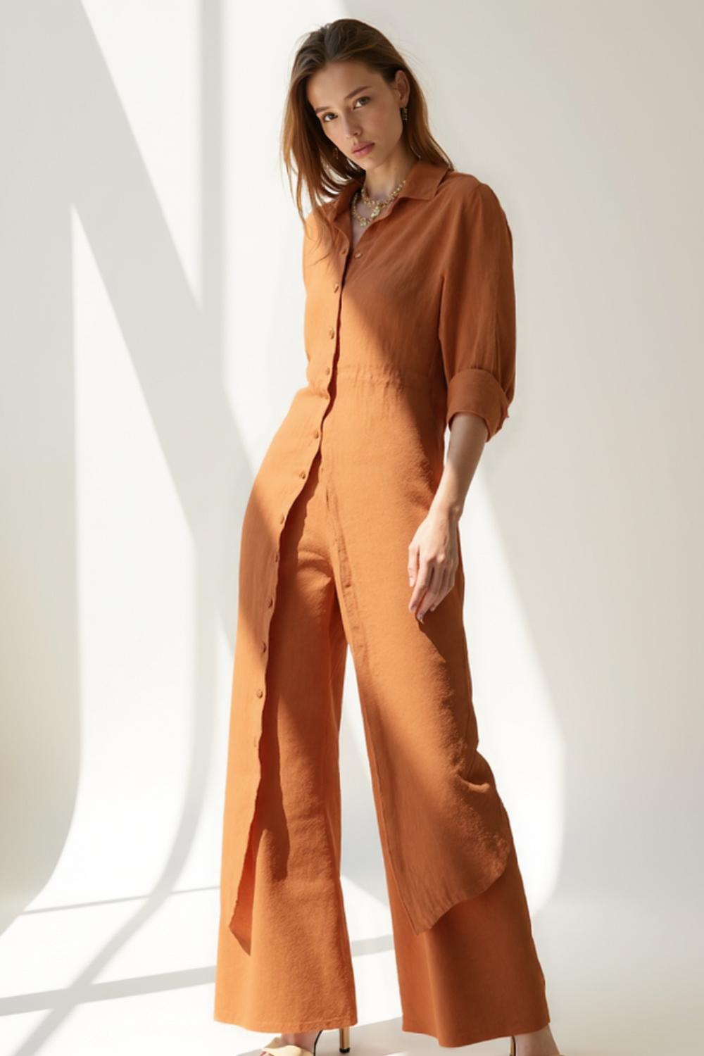 Ensemble 2 Pièces Femme | Chemise Longue Boutonnée | Pantalon Taille Haute Fluide