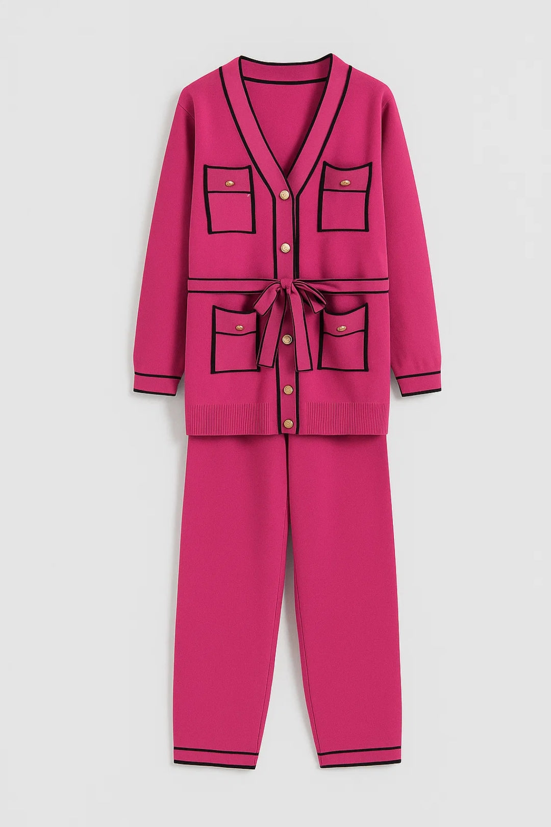 Ensemble Boutonné Élégant | Cardigan Ceinturé et Pantalon Droit | Léger et Respirant