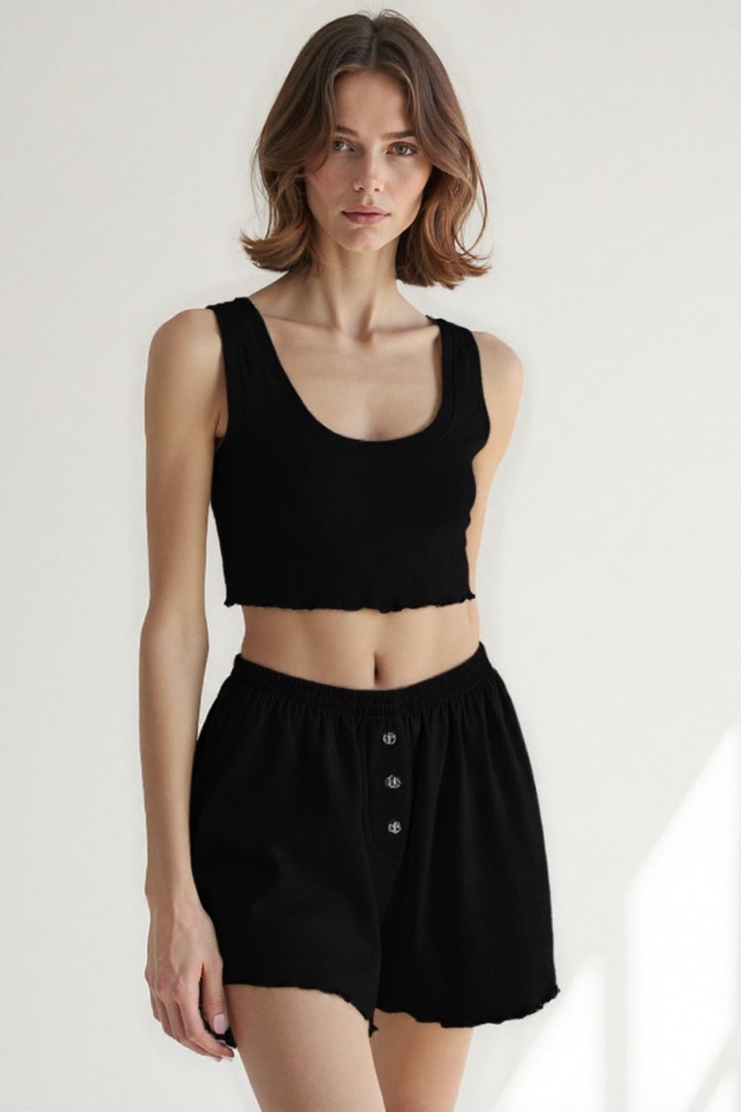 Ensemble Débardeur Court et Short à Taille Élastique | Noir, Lavande ou Vert Pastel | Décontracté et Confortable