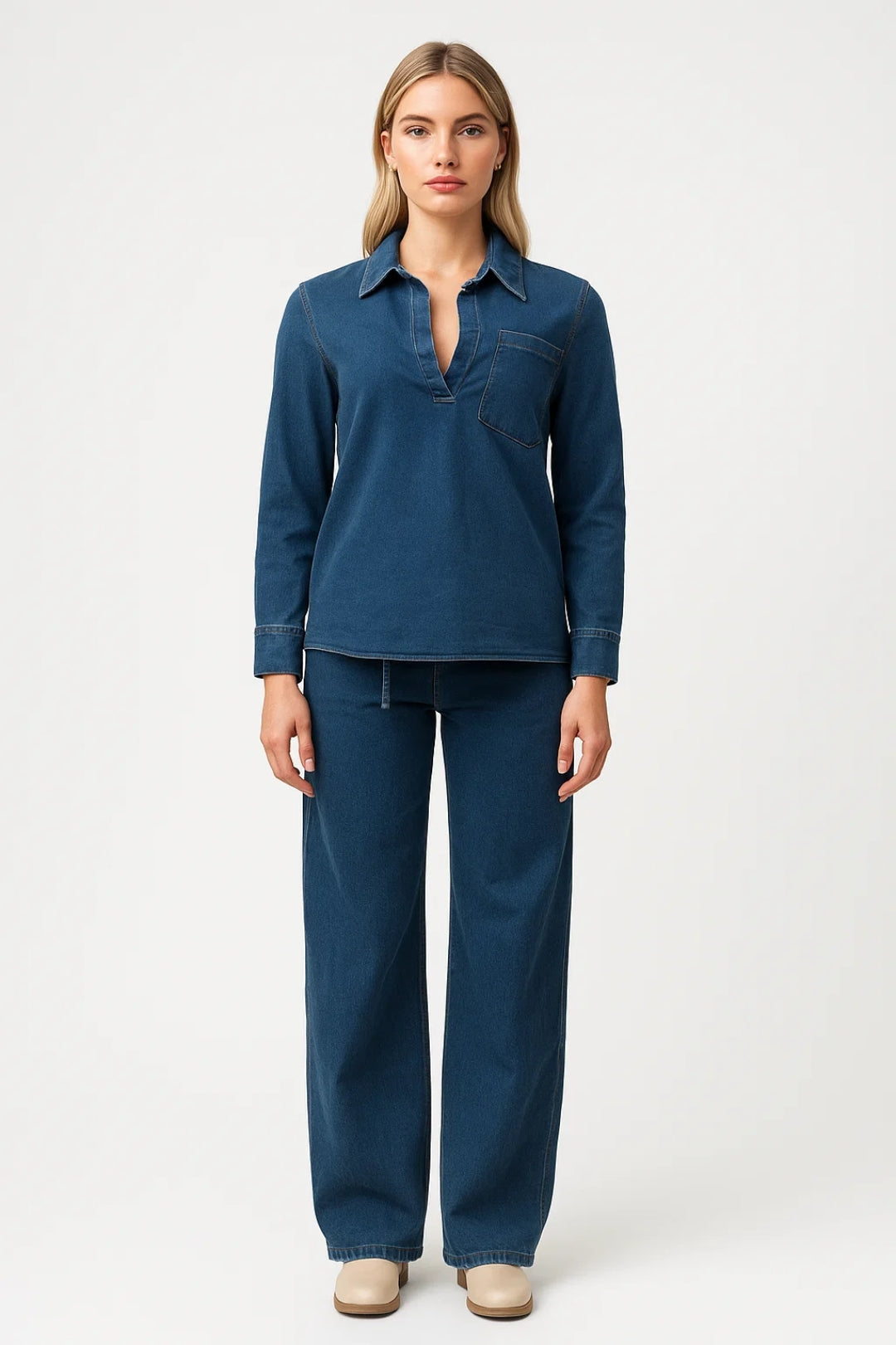 Ensemble Décontracté Femme | Haut à Col V et Pantalon Large | Léger et Respirant