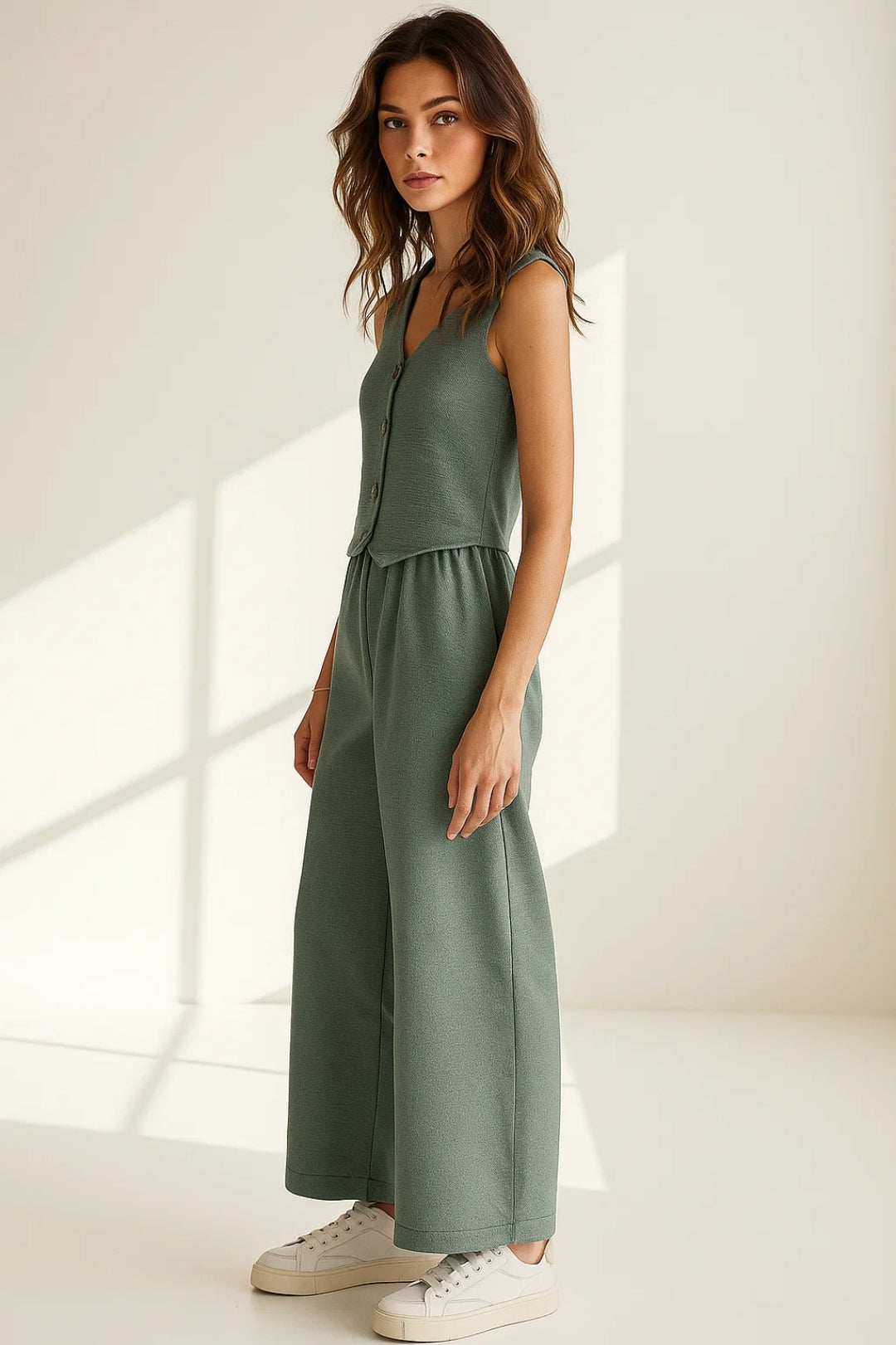 Ensemble Décontracté Sans Manches avec Gilet Boutonné et Pantalon Large | Tendance Minimaliste | Noir ou Vert Sauge