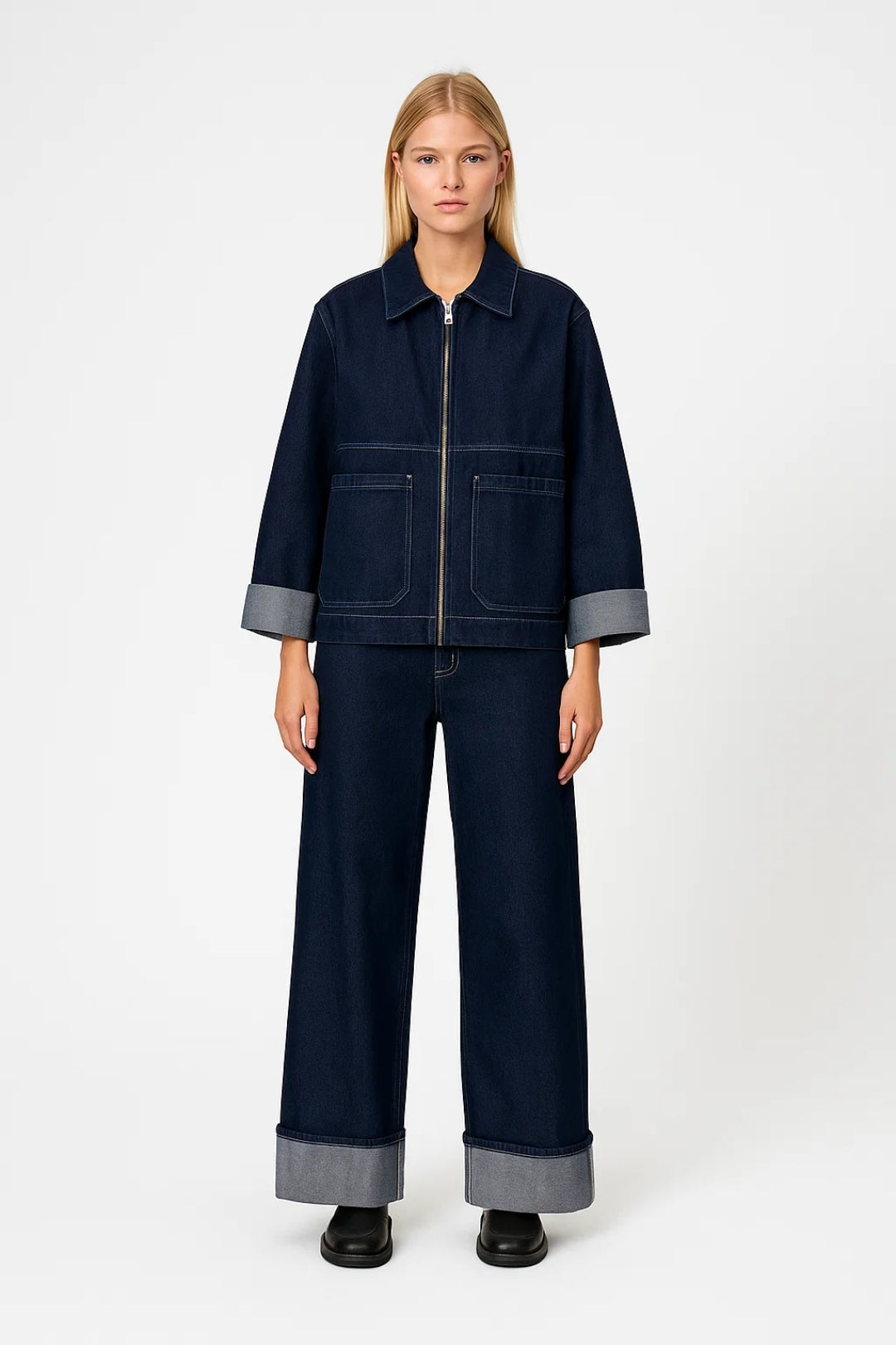 Ensemble Denim Moderne | Veste zippée et pantalon large | Léger et Respirant