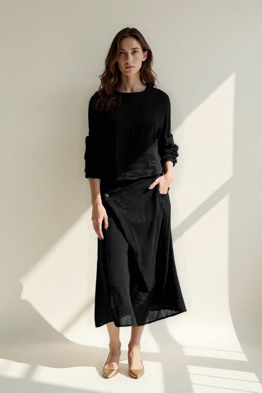 Ensemble Deux Pièces Lin | Haut Manches Longues et Jupe Asymétrique | Style Décontracté Chic