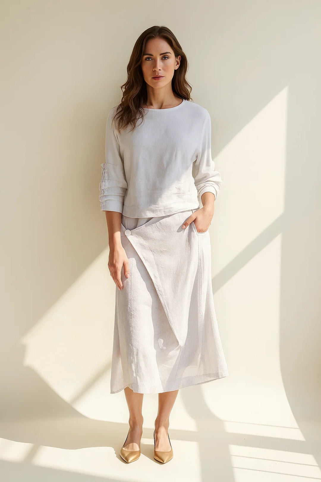 Ensemble Deux Pièces Lin | Haut Manches Longues et Jupe Asymétrique | Style Décontracté Chic