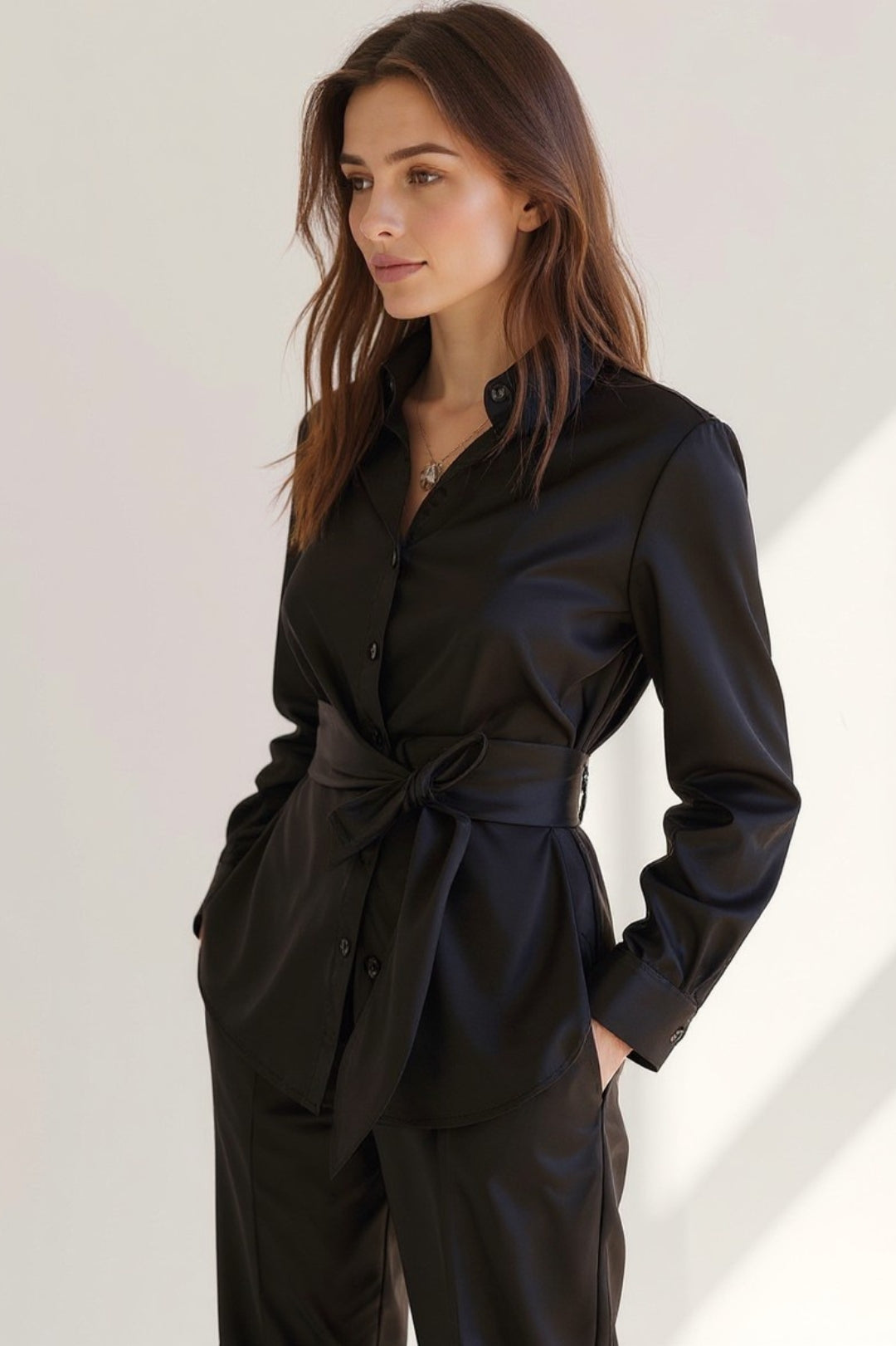 Ensemble Deux Pièces Noir | Chemise Ceinturée et Pantalon Évasé | Élégance Classique