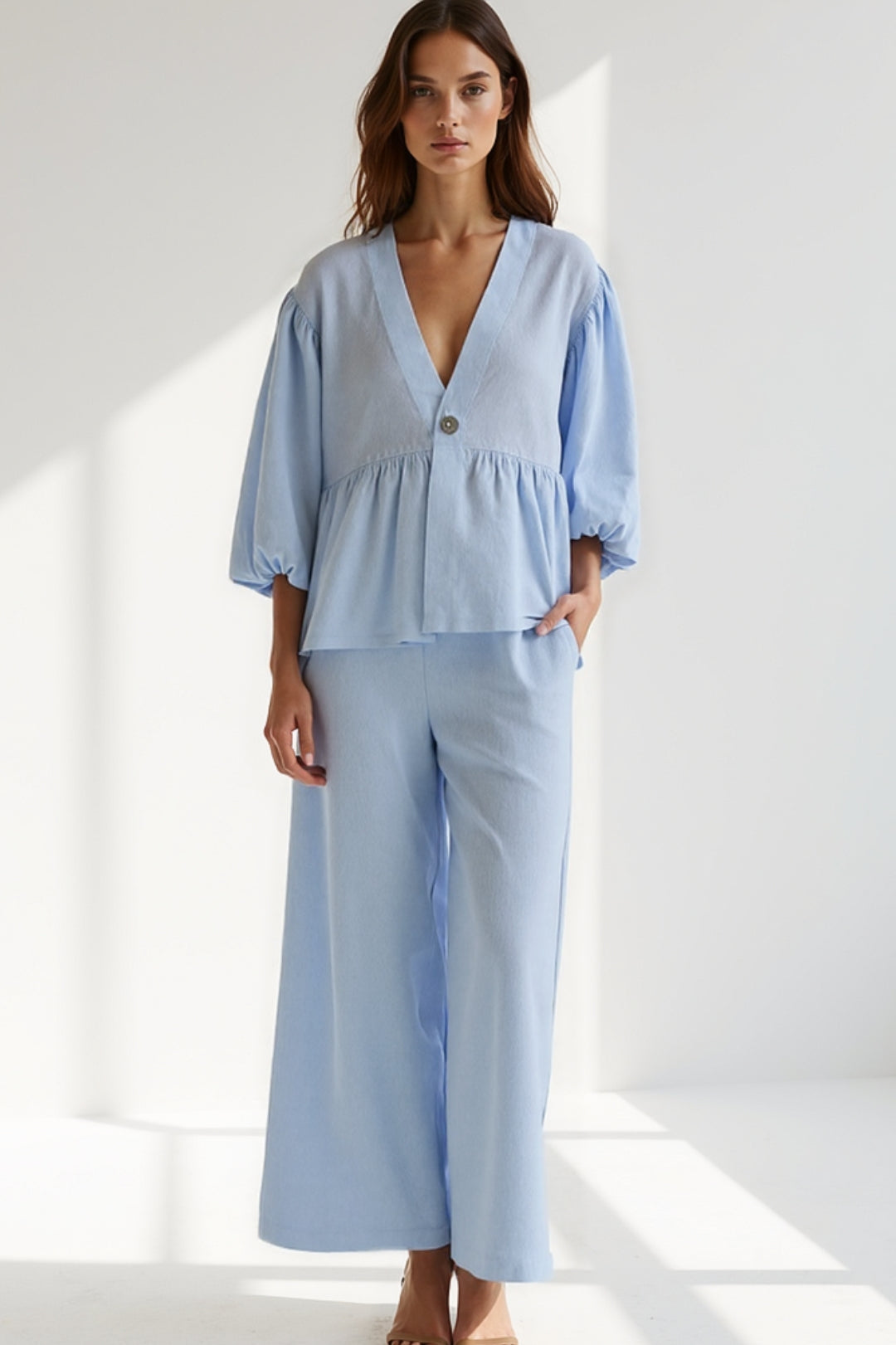 Ensemble Deux Pièces avec Haut à Manches Bouffantes et Pantalon Large | Élégance Décontractée | Noir ou Bleu Pastel