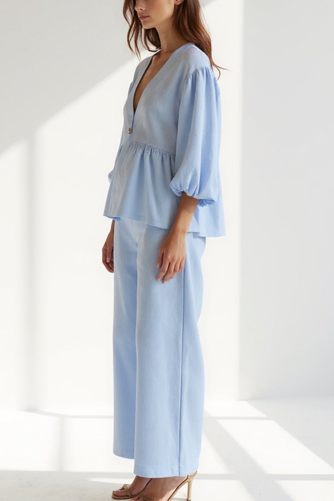 Ensemble Deux Pièces avec Haut à Manches Bouffantes et Pantalon Large | Élégance Décontractée | Noir ou Bleu Pastel
