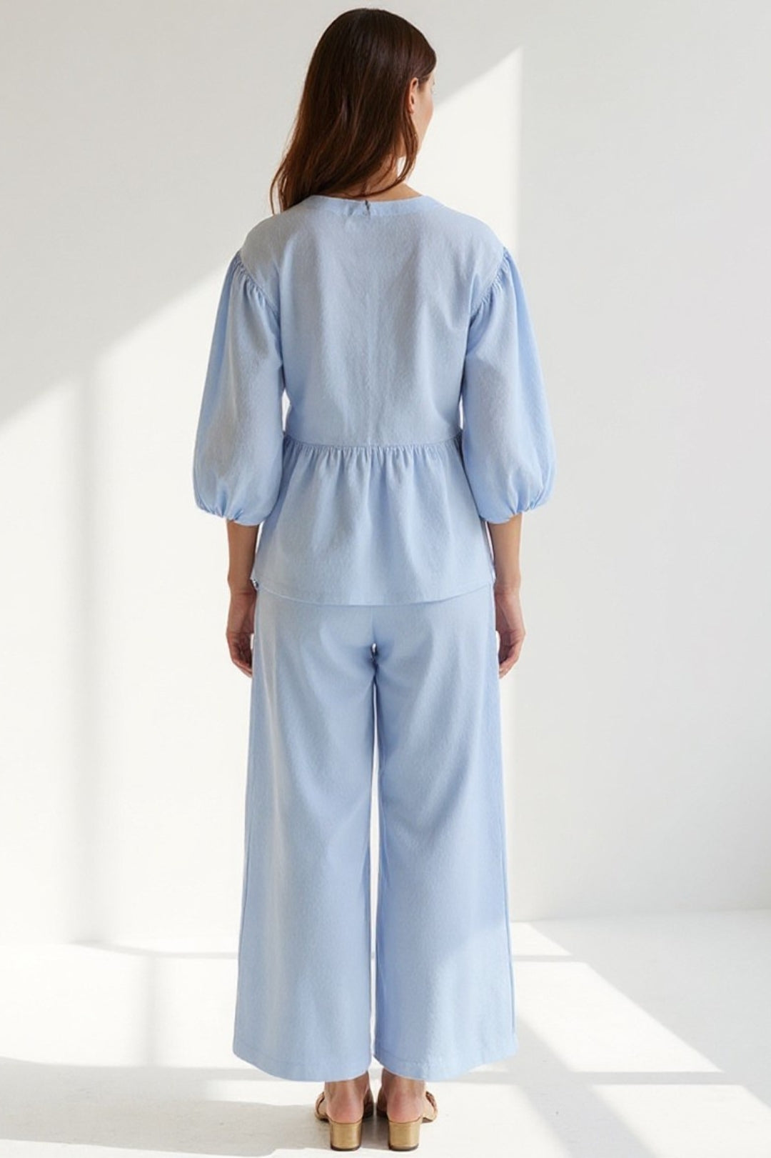 Ensemble Deux Pièces avec Haut à Manches Bouffantes et Pantalon Large | Élégance Décontractée | Noir ou Bleu Pastel