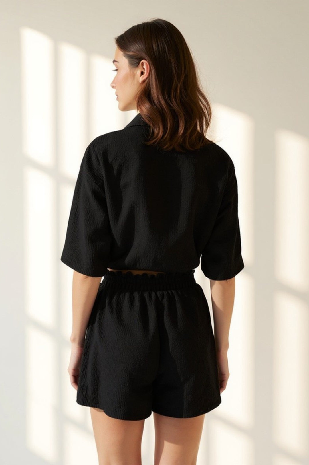 Ensemble Estival Deux Pièces | Chemise Nouée & Short Taille Élastique | Noir Texturé
