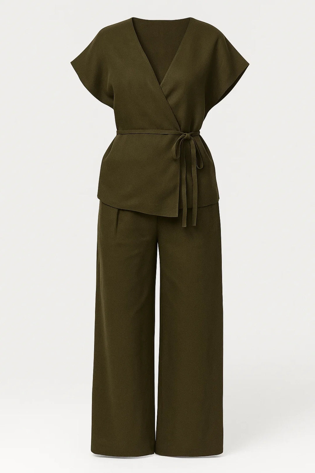 Ensemble Haut Cache-Cœur et Pantalon Large | Lin Mélangé | Élégance Décontractée