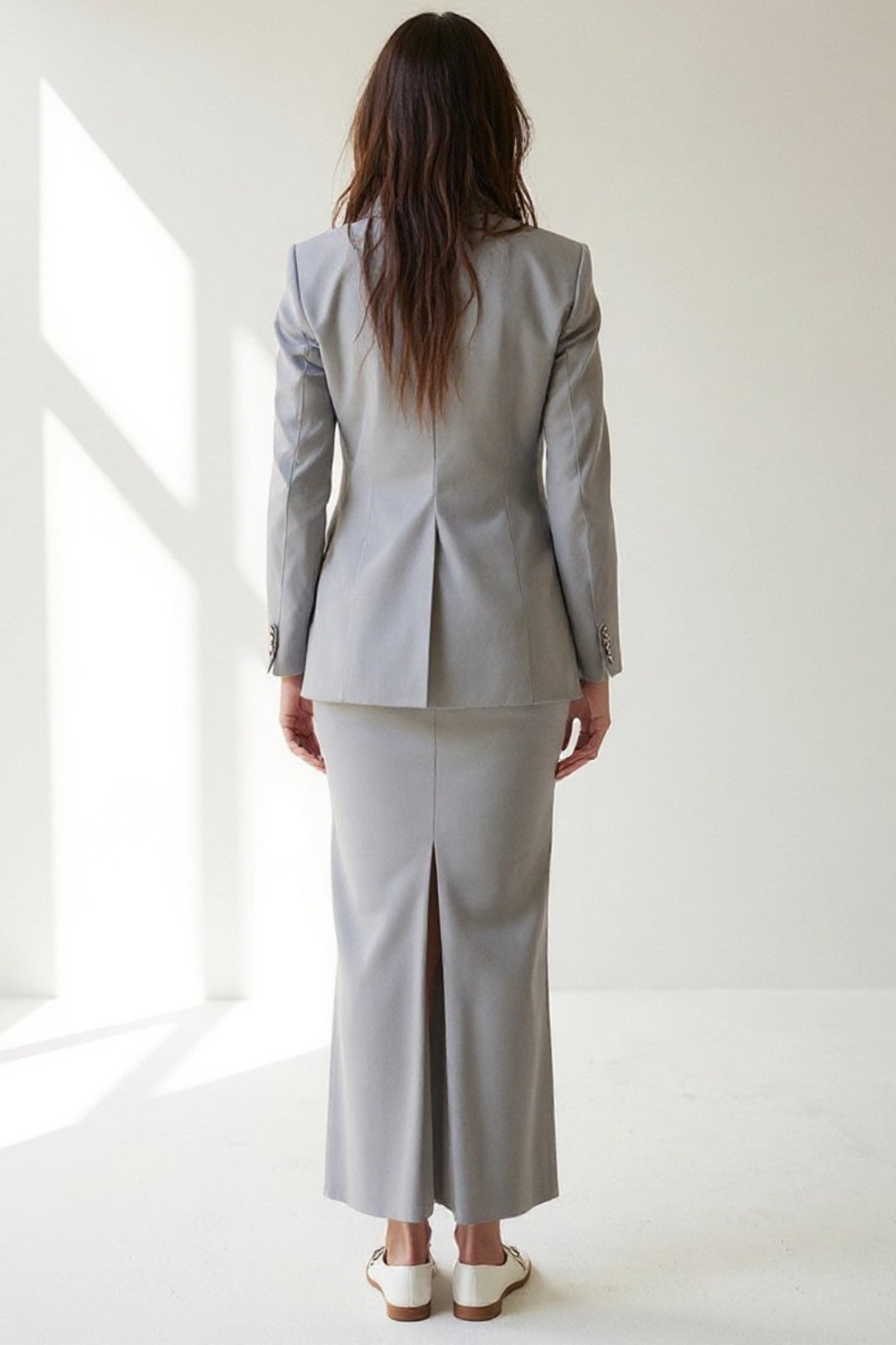 Ensemble Jupe Longue Fendue et Blazer Cintré | Gris | Élégant et Professionnel