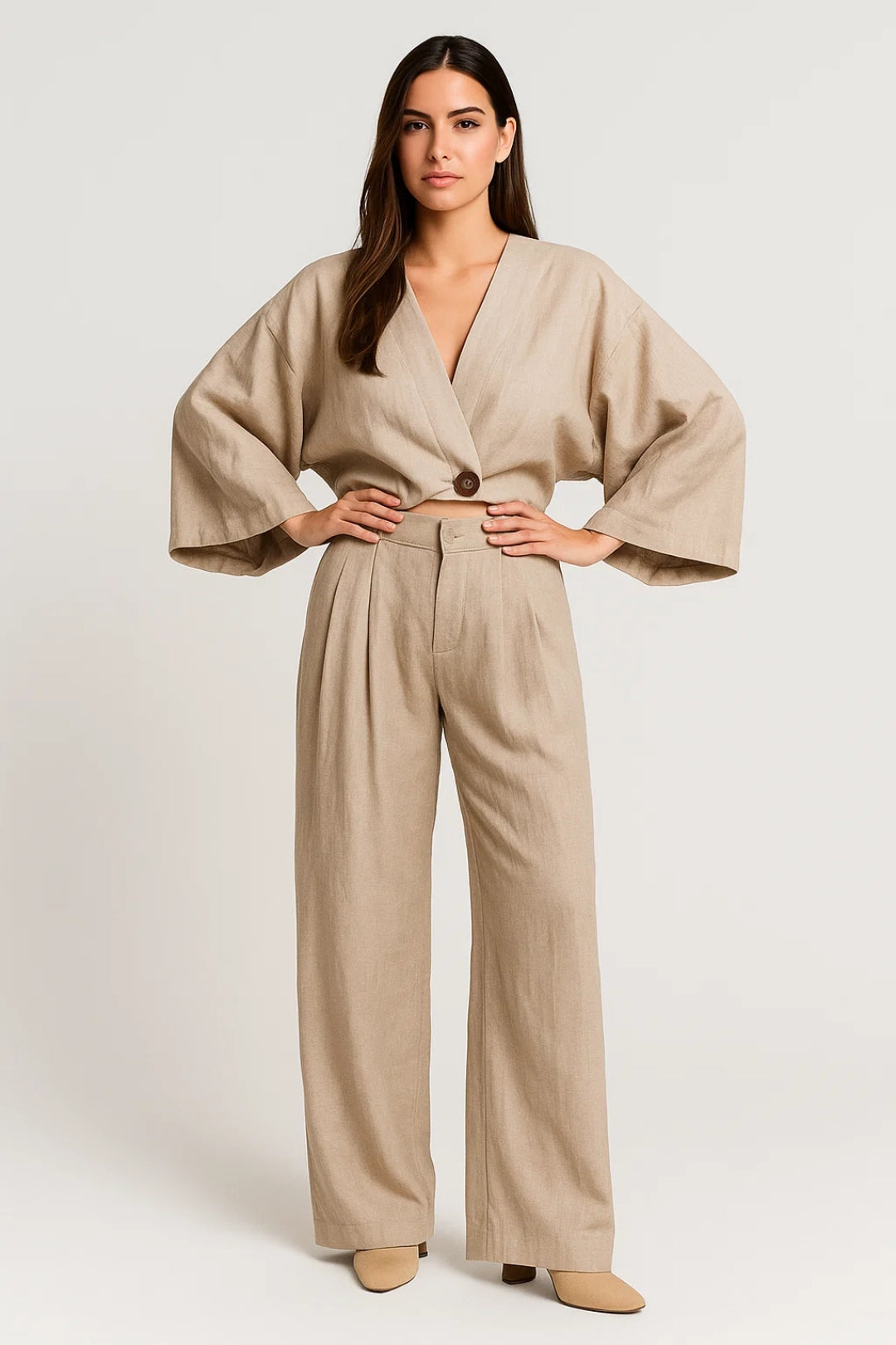 Ensemble Kimono et Pantalon | Lin Mélangé | Look Décontracté et Élégant