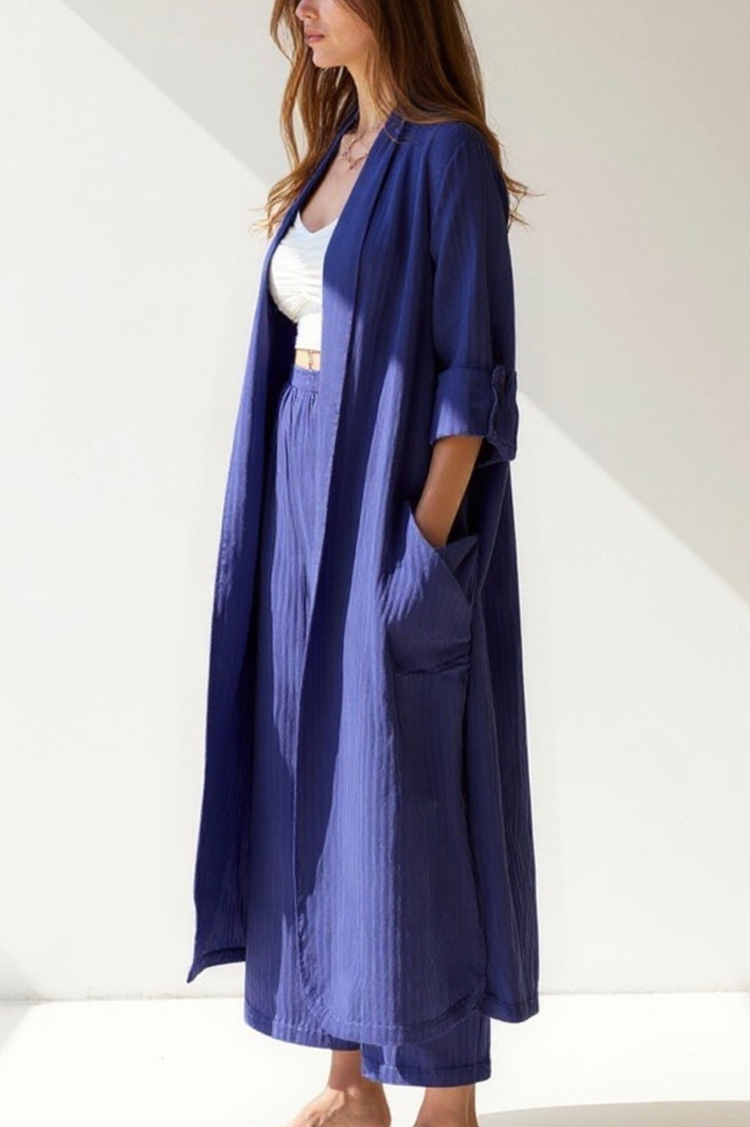 Ensemble Long Kimono et Pantalon | Deux Pièces Fluides | Style Décontracté Chic
