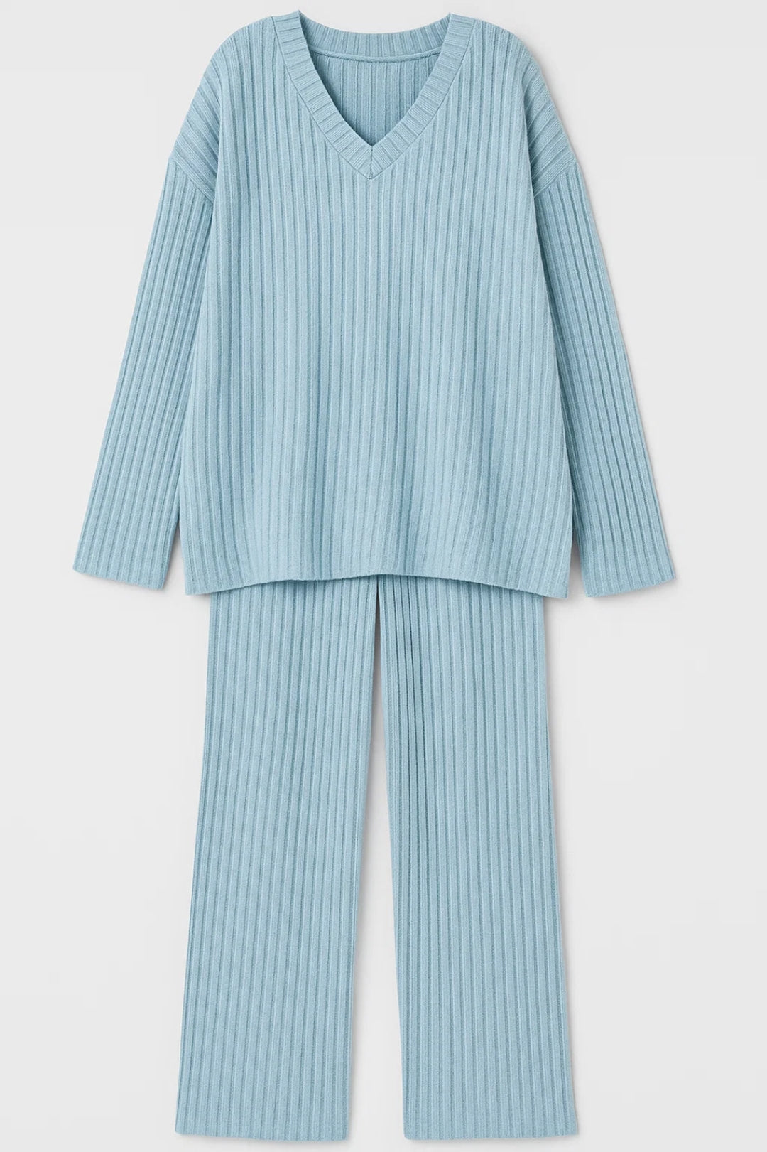 Ensemble Loungewear Côtelé | Haut à Col V et Pantalon Ample | Léger et Respirant