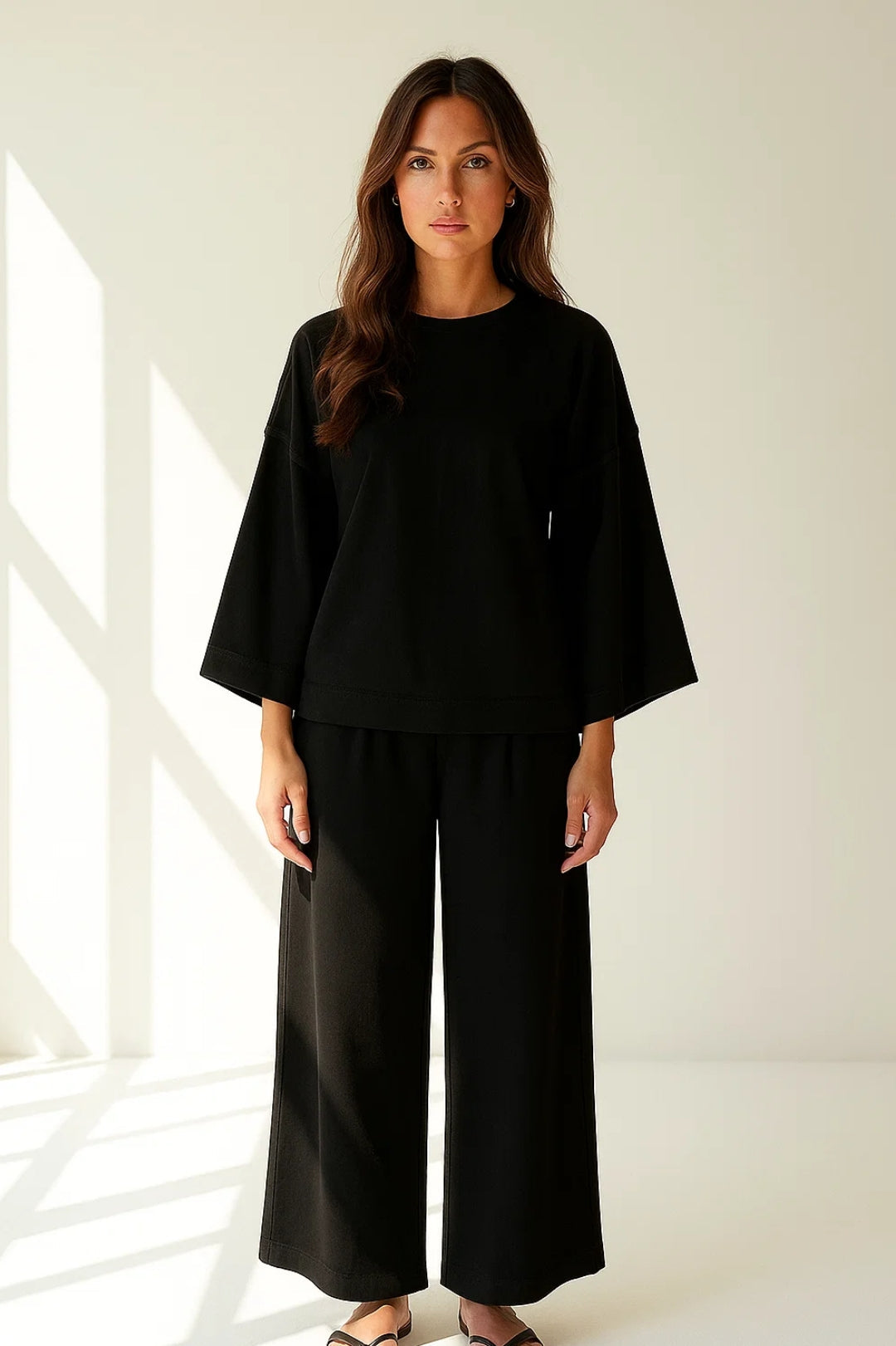 Ensemble Minimaliste Deux Pièces | Haut Manches Amples & Pantalon Large | Style Décontracté