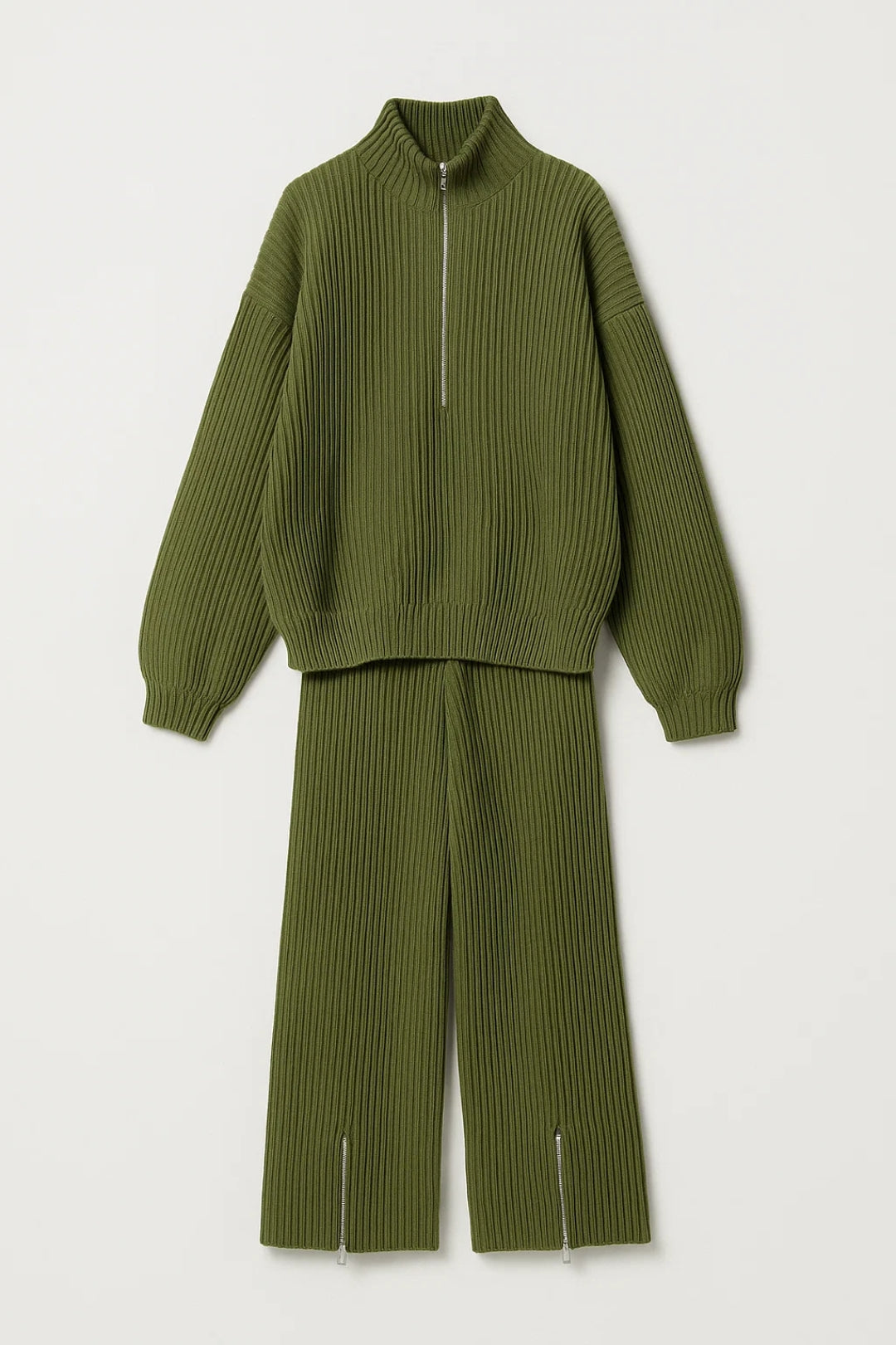Ensemble Pantalon et Sweat Zippé en Maille Côtelée | Noir ou Vert Kaki | Décontracté et Confortable