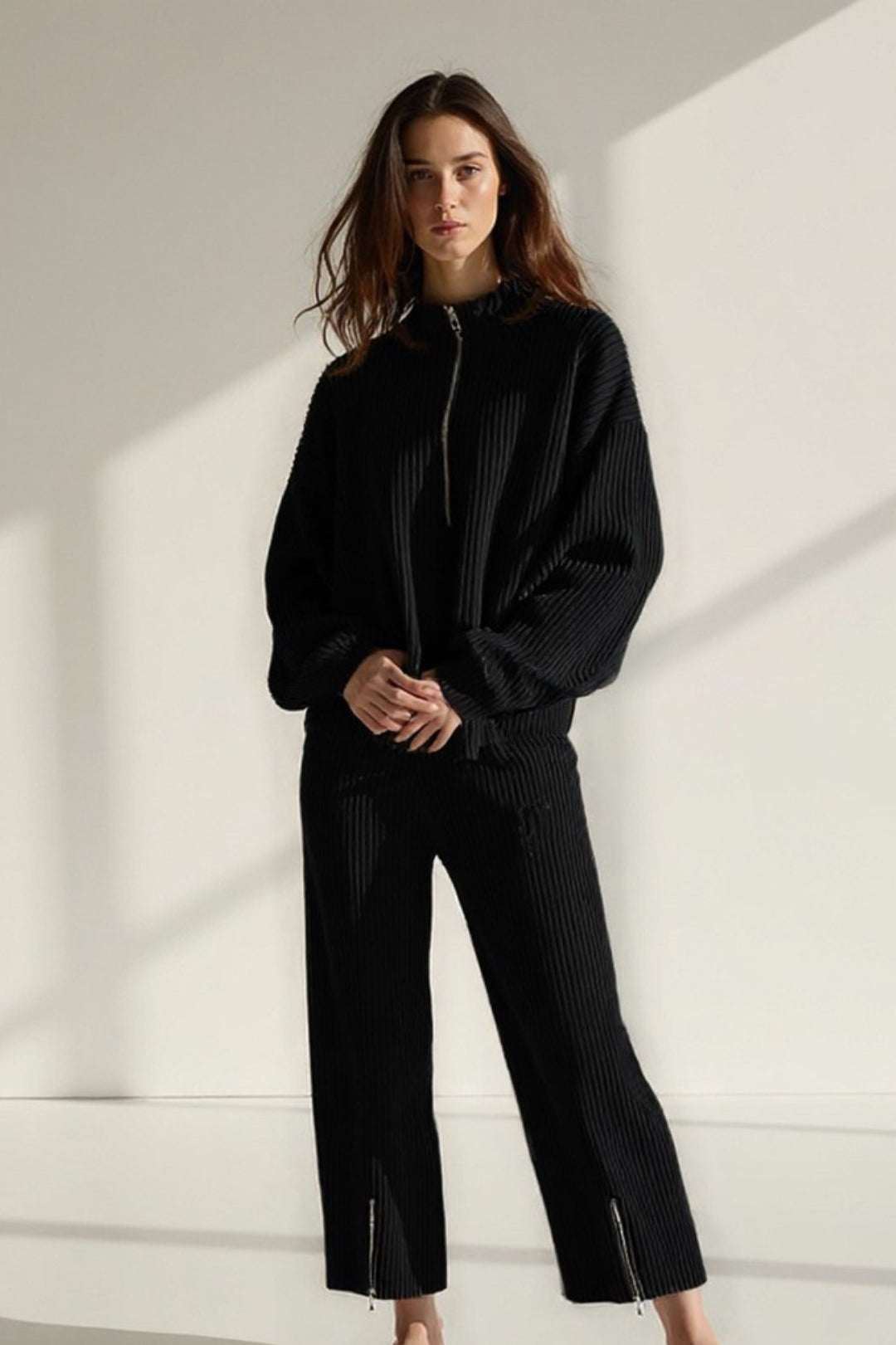 Ensemble Pantalon et Sweat Zippé en Maille Côtelée | Noir ou Vert Kaki | Décontracté et Confortable
