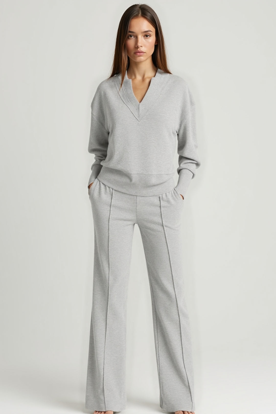 Ensemble Pull Col V et Pantalon Large | Maille Douce | Confort Décontracté