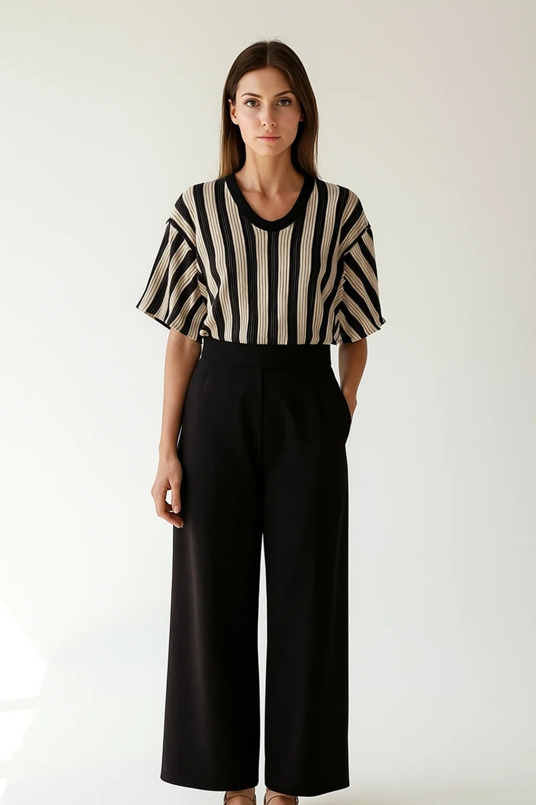 Ensemble Rayé avec Pantalon Large | Deux Pièces | Élégance Décontractée
