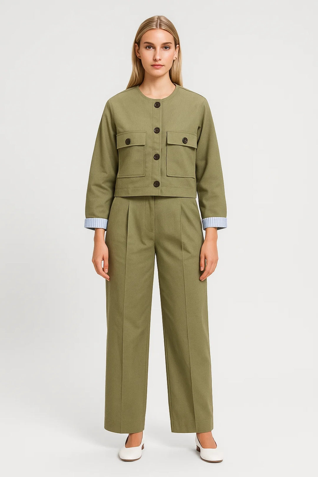 Ensemble Tailleur Moderne Femme | Veste Courte à Boutons et Pantalon Taille Haute | Léger et Respirant