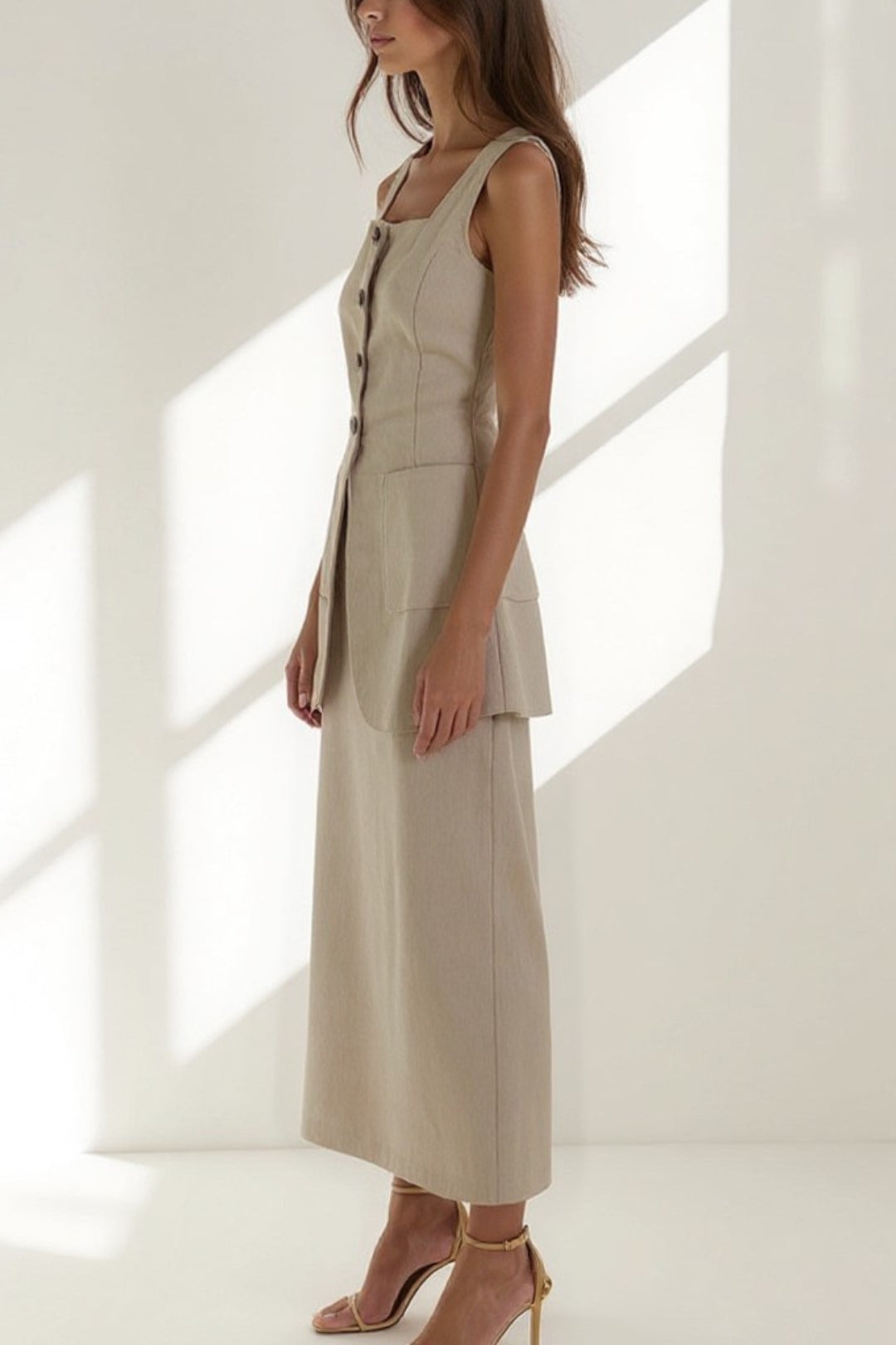 Ensemble Tailleur Élégant Deux Pièces | Gilet Long & Jupe Midi | Beige Naturel