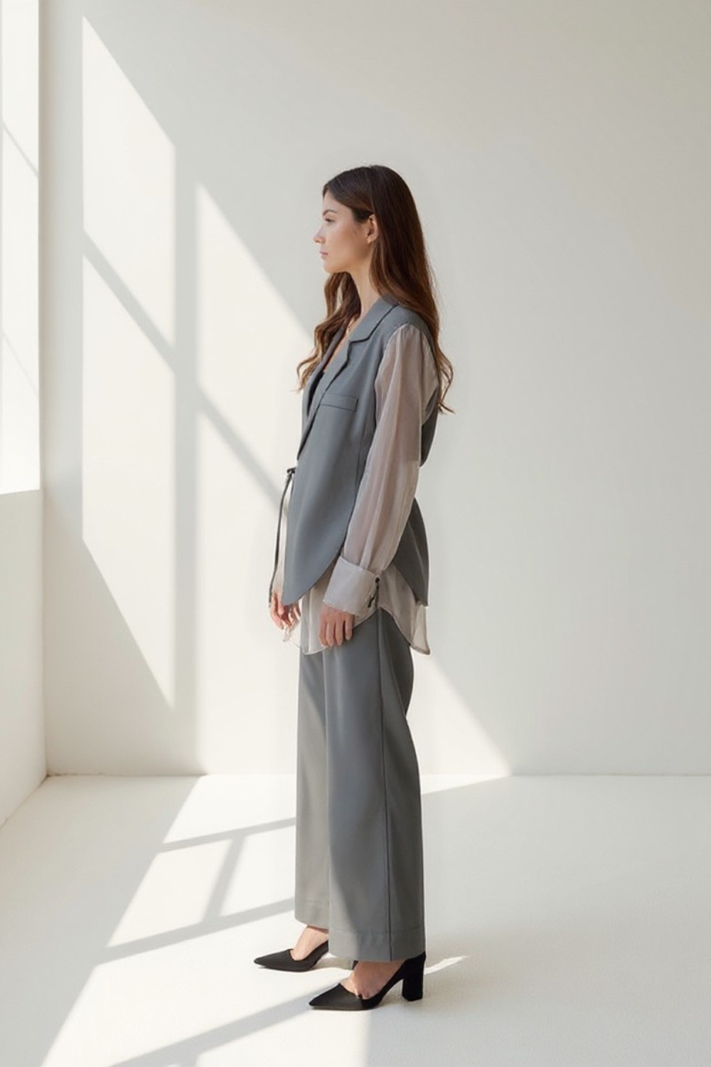 Ensemble Femme | Veste Voilée & Pantalon Large | Élégance Moderne et Fluide