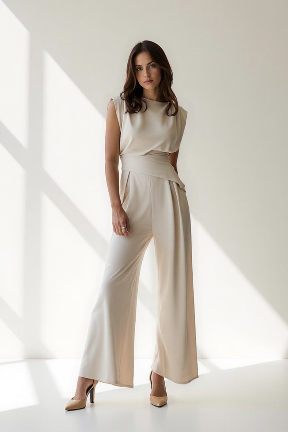 Ensemble Femme Pantalon & Top | Épaules Structurées | Taille Drapée