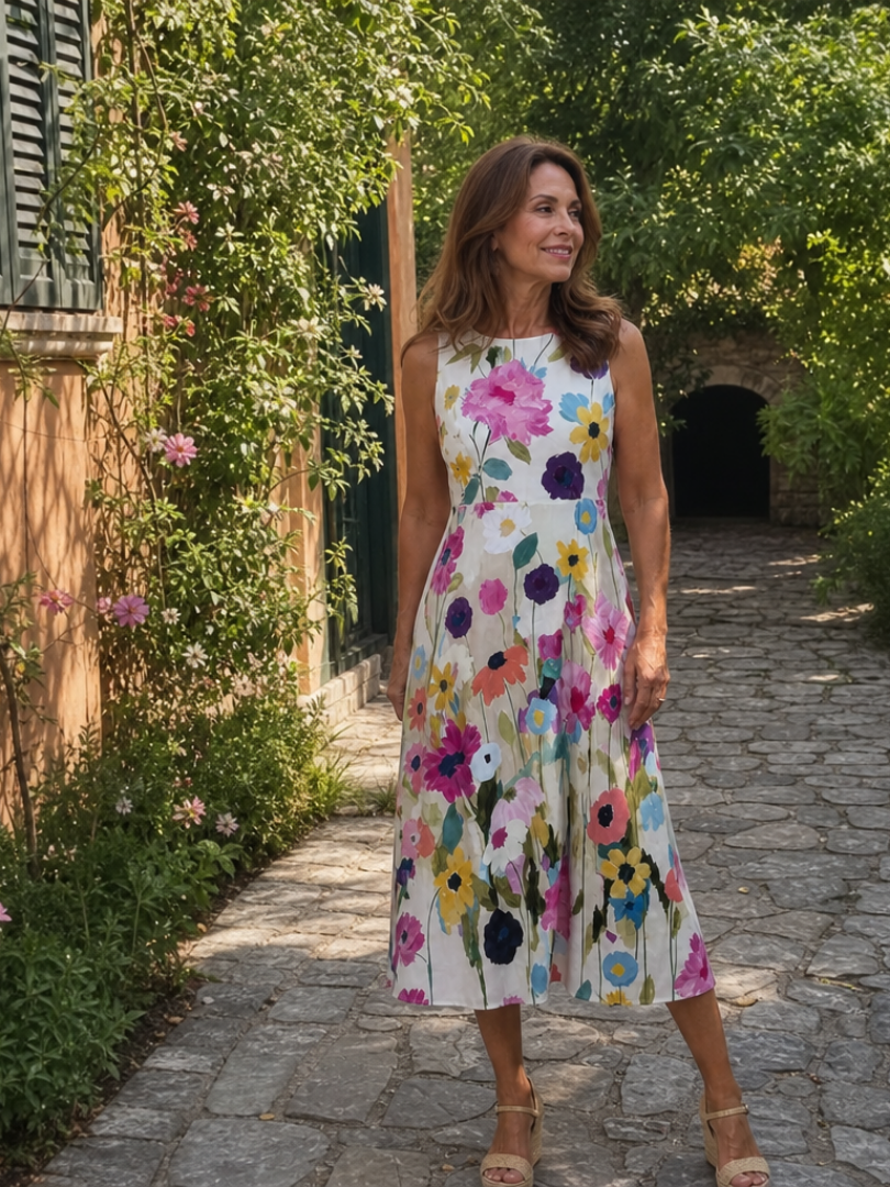 Flore - Robe d'Été Chic Femme sans Manches avec Imprimé Fleuri et Jupe Plissée
