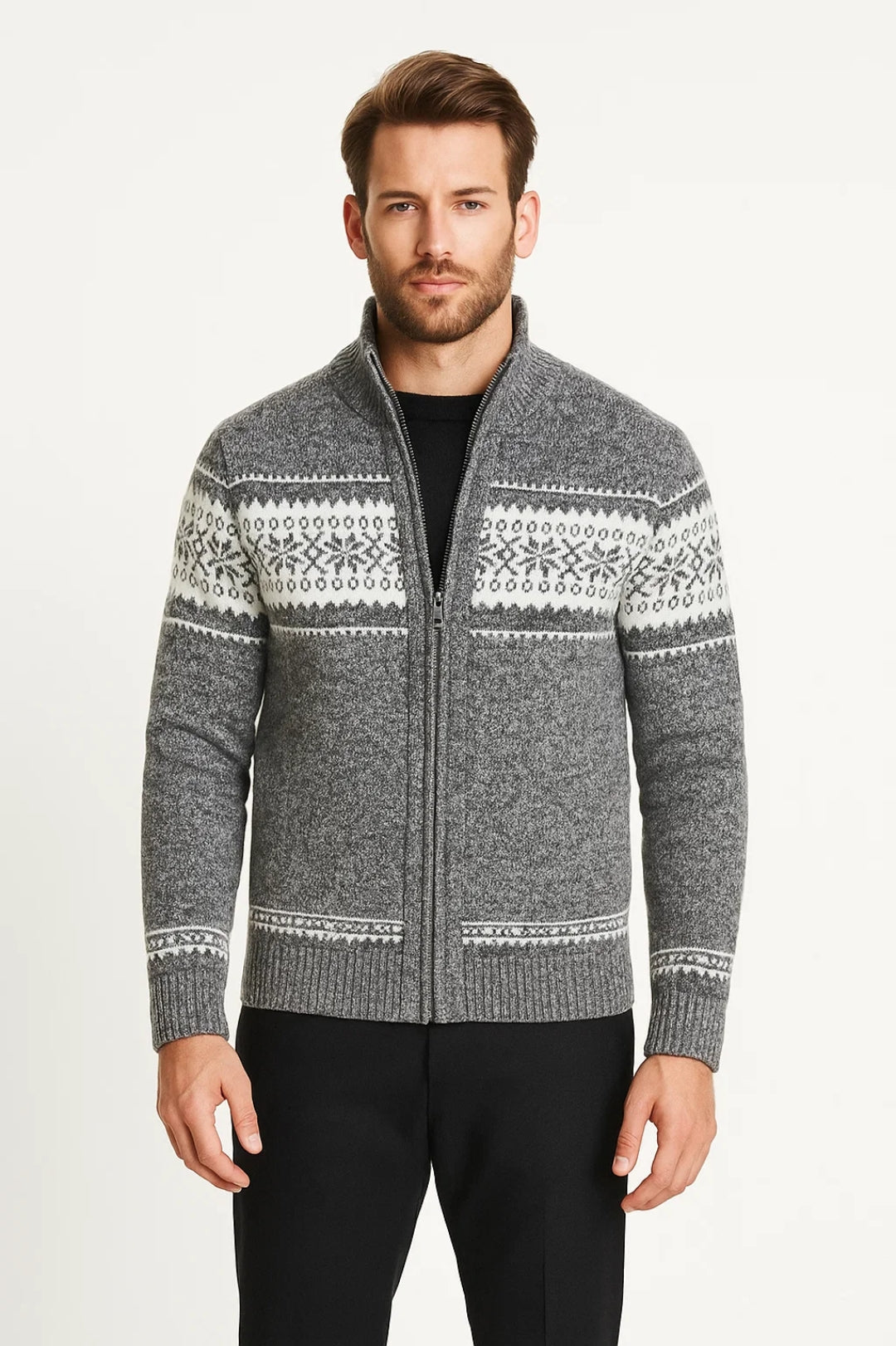 Gilet Homme | Col Montant Zippé Motif Jacquard | Style Hivernal pour Hiver