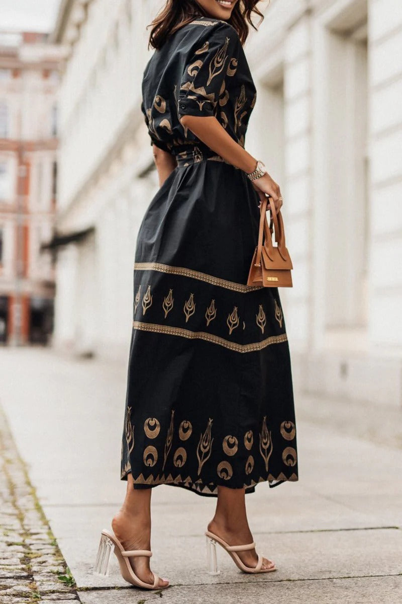 Inès - Robe Longue Bohème Femme avec Ceinture et Broderies Ethniques