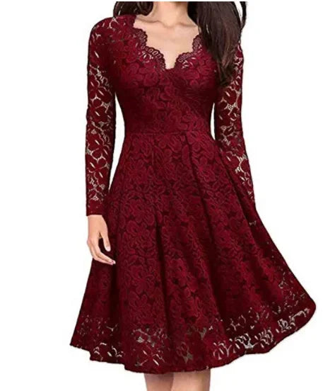 Inès - Robe d'Été Élégante Femme à Col V Festonné avec Manches Longues et Jupe Évasée