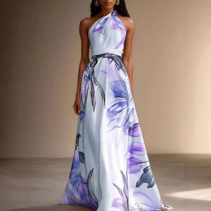 Isabelle - Robe Élégante Invitée Mariage Femme avec Col Halter et Imprimé Floral