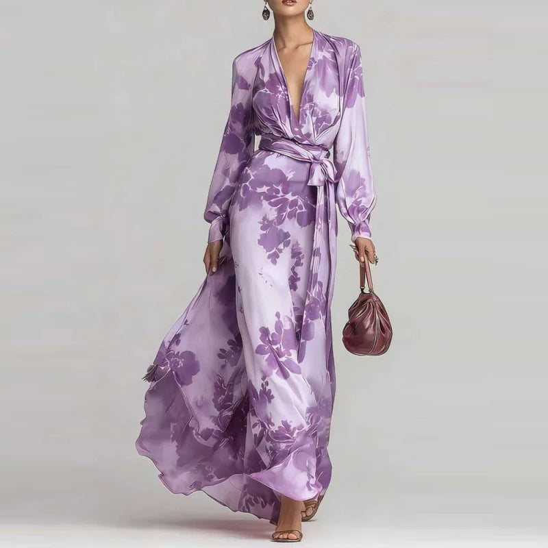 Juliette - Robe Élégante Invitée Mariage Femme avec Col V et Ceinture Fleurie