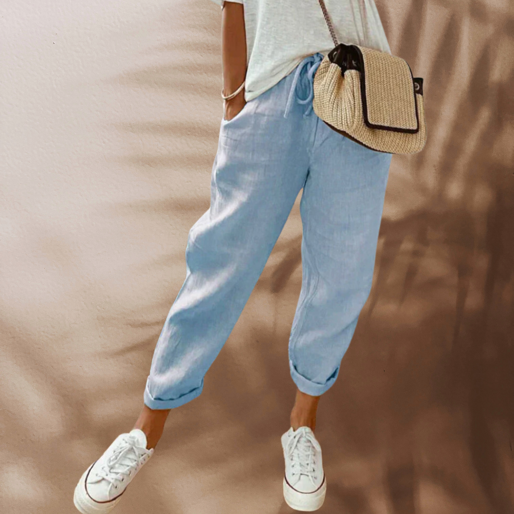 Léa - Pantalon Casual Femme en Lin avec Taille Élastiquée et Revers aux Chevilles