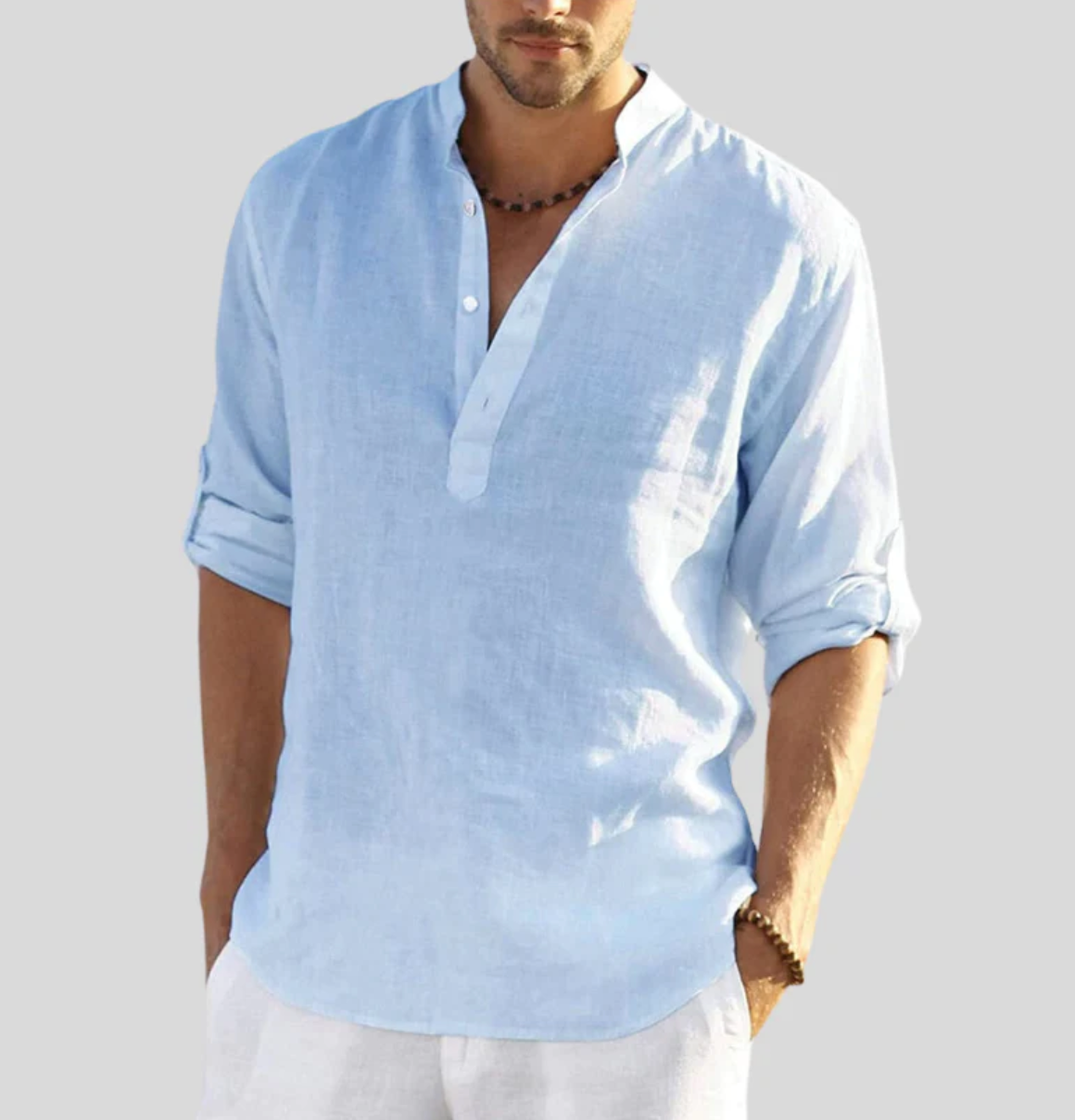 Léo - Chemise en Lin Homme Casual avec Col Mao et Manches Longues Retroussables