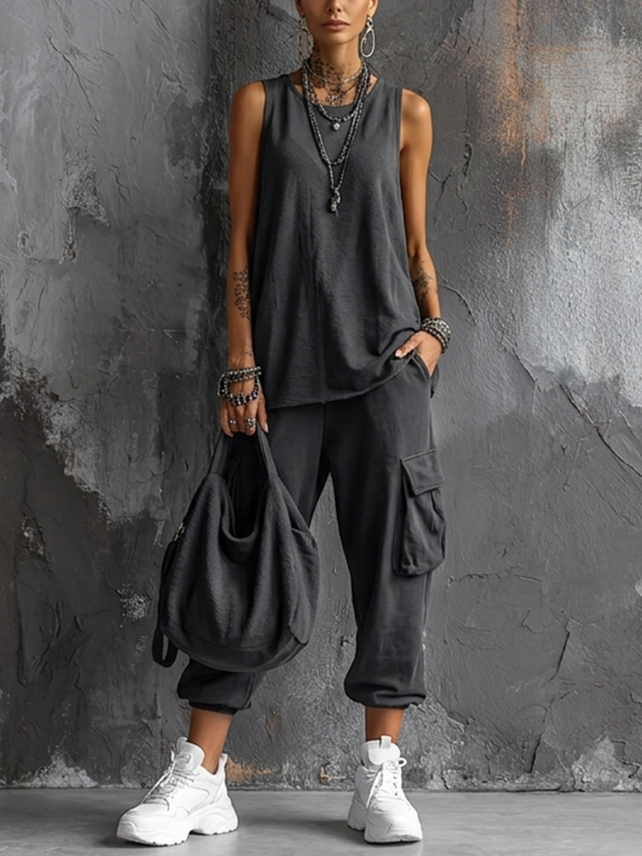 Lola - Ensemble en Lin Streetwear Femme avec Top Débardeur et Pantalon Cargo Ample