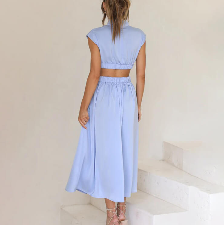 Louise - Robe Midi Élégante Invitée Mariage Femme avec Col Montant et Découpes à la Taille