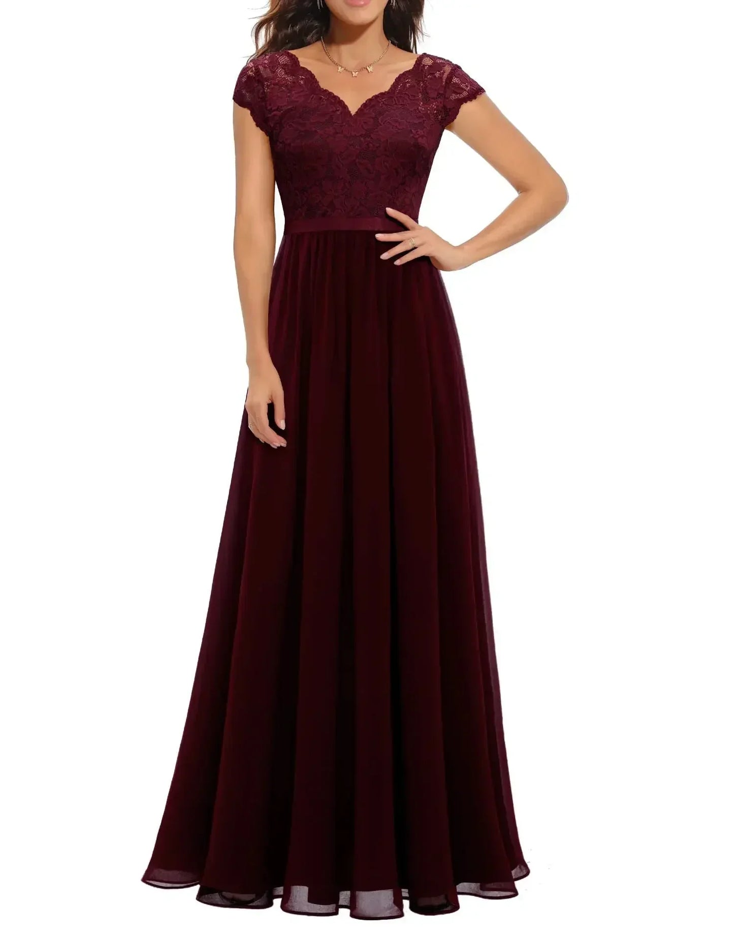 Manon - Robe Maxi Romantique Invitée Mariage Femme avec Col V et Corsage Brodé Fleuri